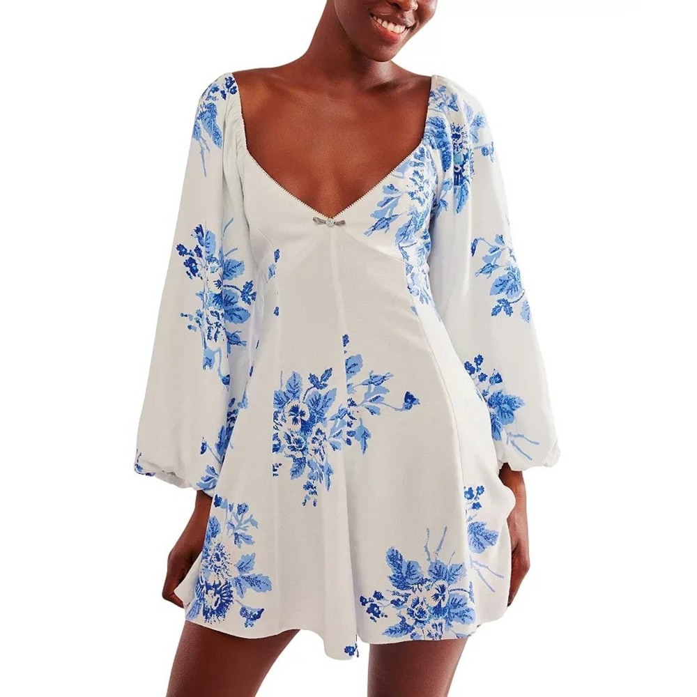 Free People‎ Francesca Mini Dress Floral Pattern Medium Balloon Sleeves EUC - Picture 4 of 12